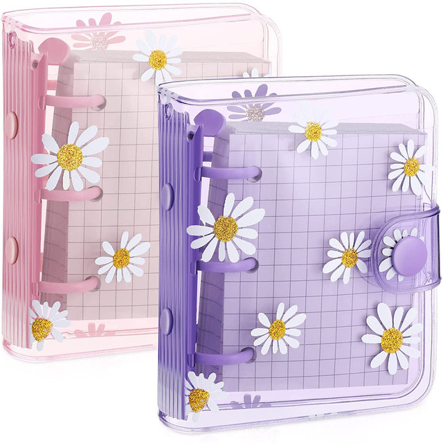 Mini Transparent PVC 3-Ring Binder Covers with Inner Paper,Binder  Pockets,Mini Daisy Notebook Binder